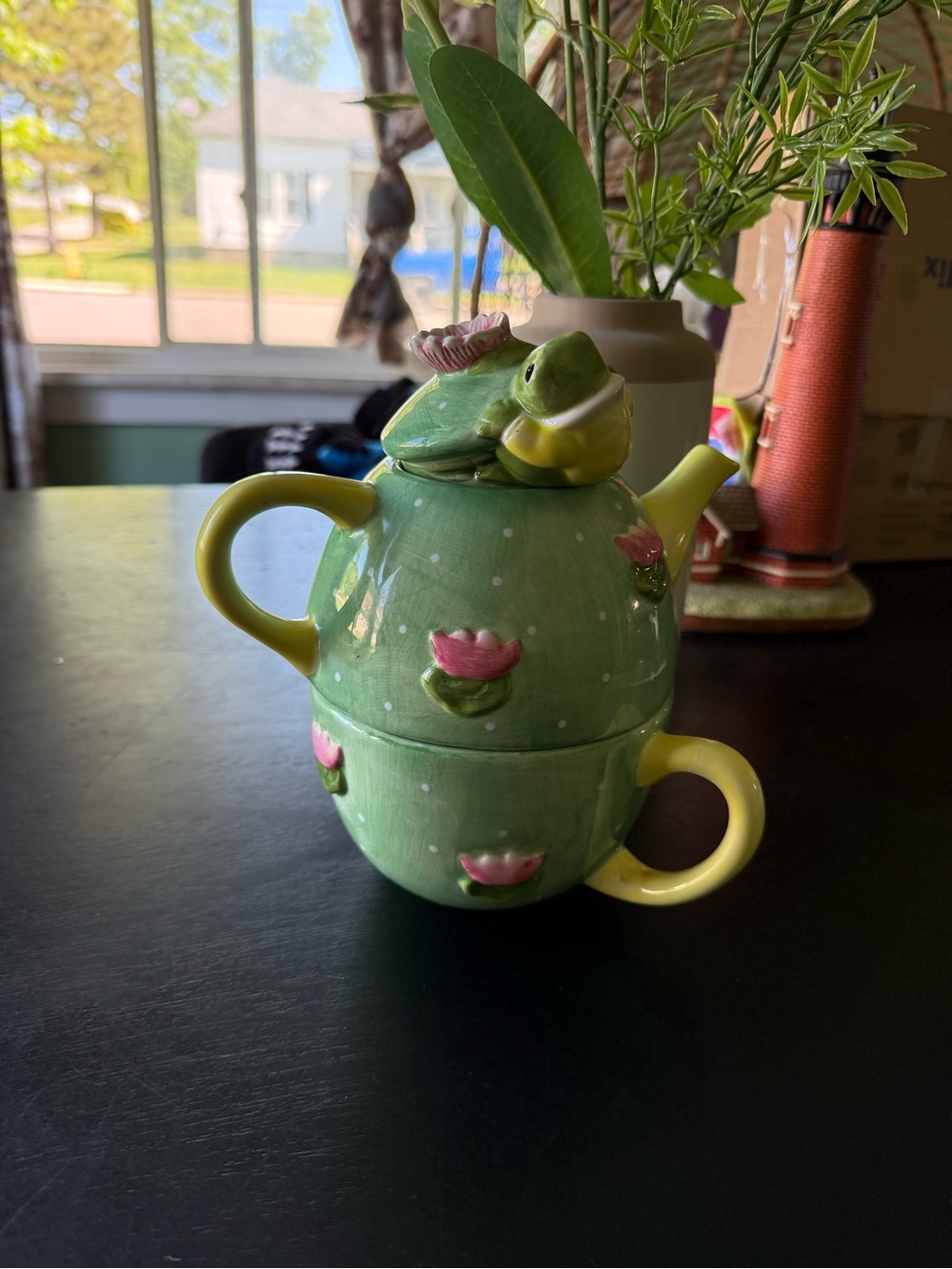 Ceramic Green Frog Teapot with Pink Flower Accents